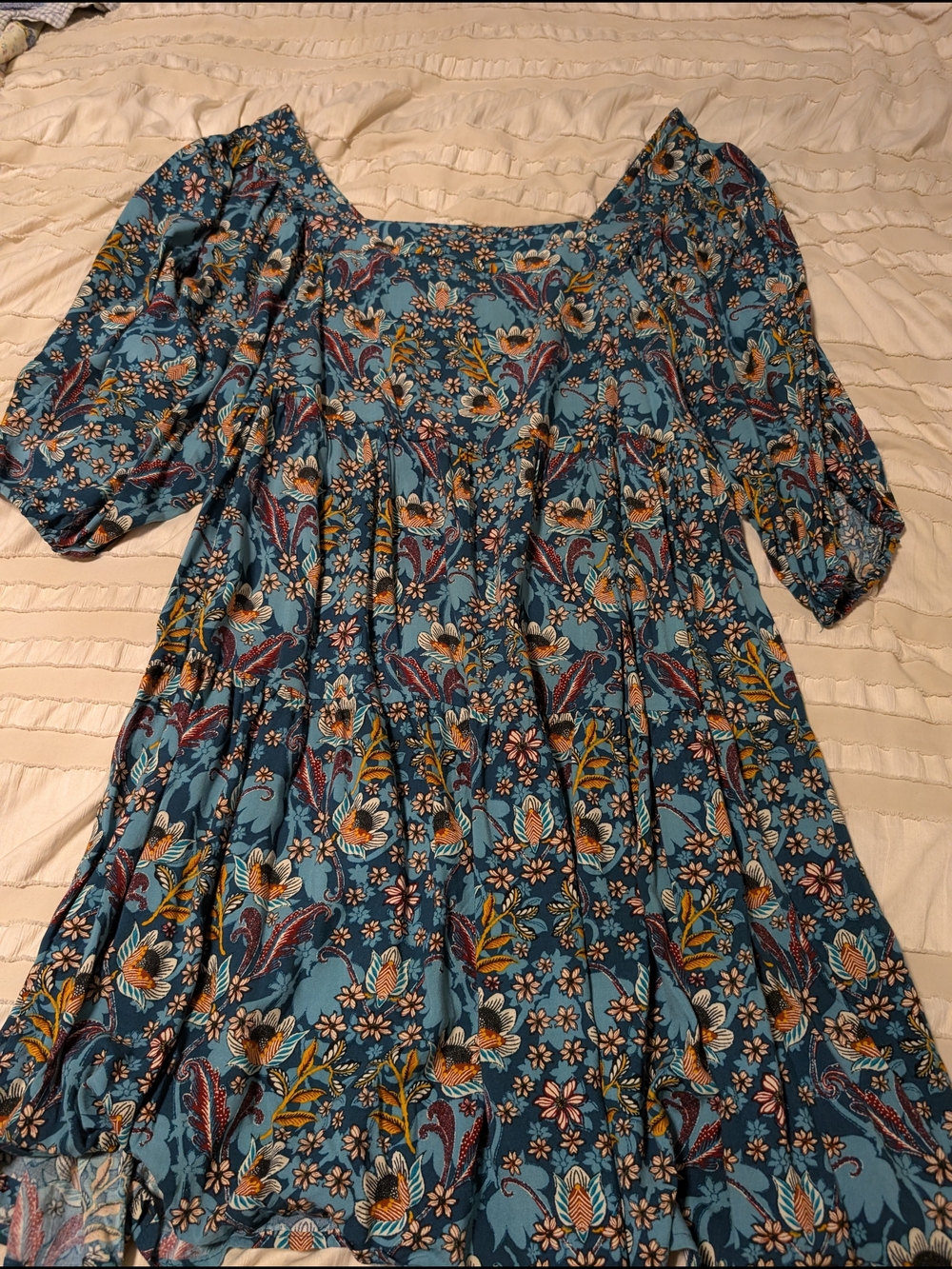 Floral Teal Puff-Sleeve Midi Dress